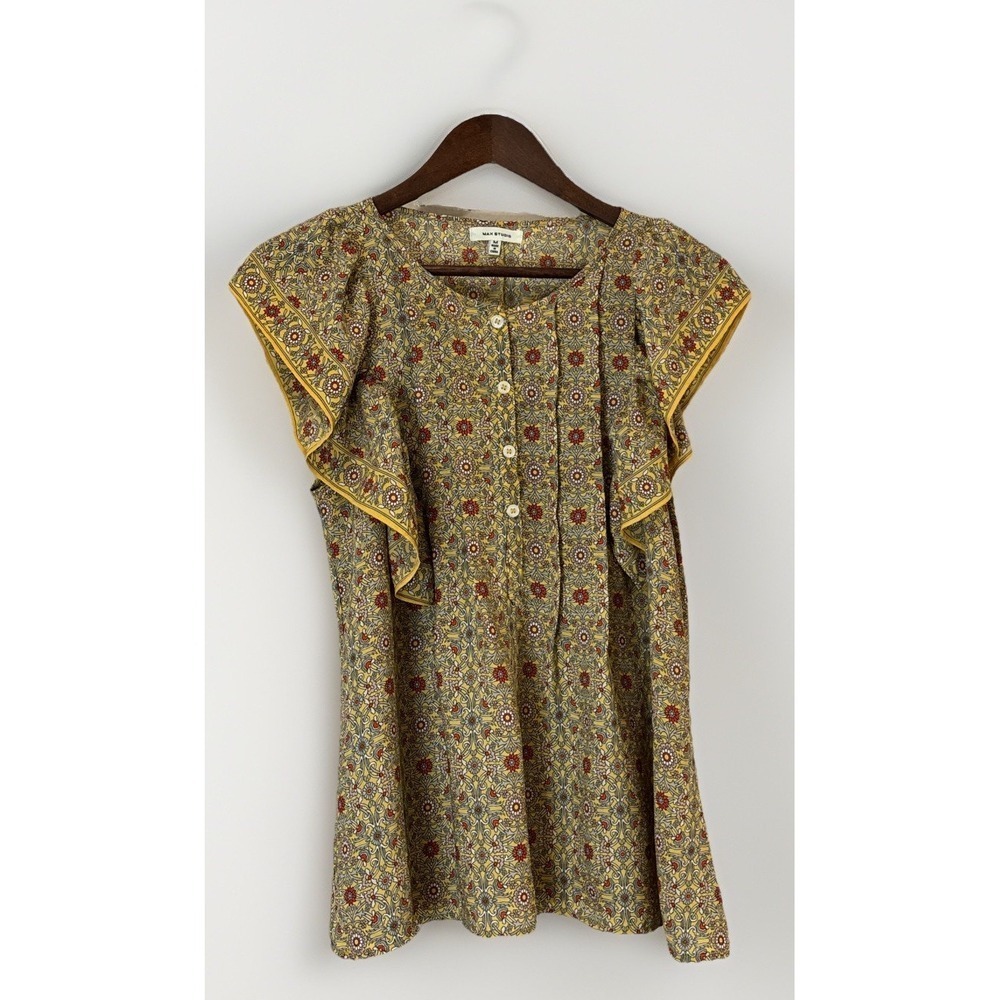 Max Studio Blouse Yellow Womens Medium Sleeveless Floral Ruffled Flutter Sleeve
